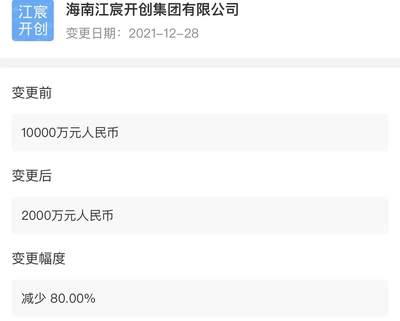 海南江宸開創(chuàng)集團公司注冊資本減少80%